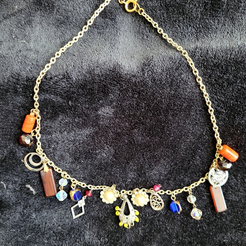 Gold Charm Necklace  with mixed drop charms